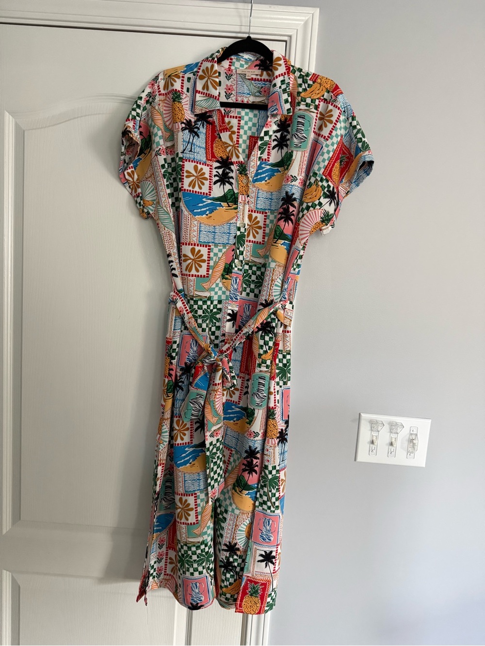 Skies are Blue Multi-Color Tropical Print Shirt Dress with Belt